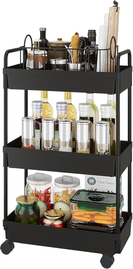 Buzowruil Rolling Storage Cart 3 Tier Organizer Mobile Shelving Unit Storage Rolling Utility Cart with Wheels for Kitchen Bathroom Laundry,Black