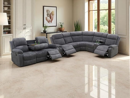 Corduroy Sectional Recliner Sofa Set with Drop-Down Table, Living Room Furniture, Grey Reclining Sectional Sofa Set and Loveseat with Cup Holder and Storage Console for Living Room, Office