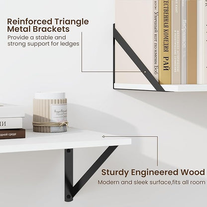 Fun Memories Deep Floating Shelves for Wall, 24W x 8D Wall Mounted Shelves Set of 2, Wide Display Ledge Shelf with Sturdy Metal Brackets for Living Room, Bathroom, Bedroom and Kitchen, White