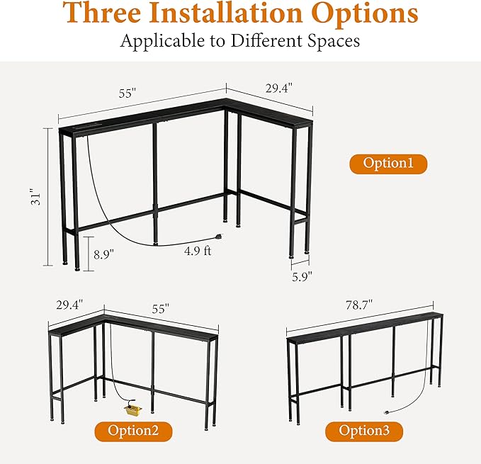 GRLEAF L Shaped 78" Narrow Console Sofa Table with Built-in Power Strip (2 AC Outlets & 2 USB Ports) – 4.9ft Power Cord, Metal Frame, Easy Assembly, Ideal for Behind Couch, Hallway (Black, 78IN)
