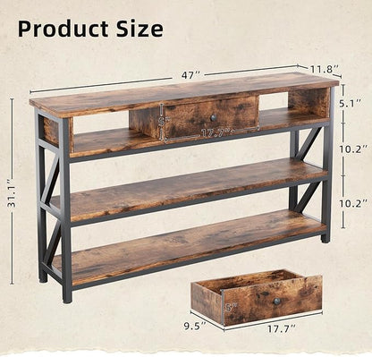 Mexin Console Table with Drawer Shelves, Entryway Table with 3 Tier Storage Shelves, Industrial Wood Hallway Sofa Table for Living Room, Couch, Foyer, Kitchen Counter, 47 Inch Rustic Brown