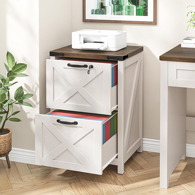 2 Drawer Small File Cabinet with Lock, Farmhouse Vertical Filing Cabinet Fits Letter and A4 Size, Under Desk Wooden File Cabinets for Home Office, Printer Stand, Rustic White