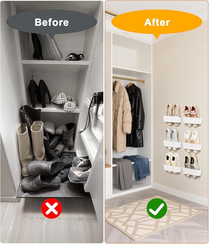 2-Pack Wall Mounted Shoe Rack with Sticky Strips, Space Saving Hanging Shoe Rack, No-Drill Hanging Shoe Shelves, Ideal for RV, Campers, Door, Wall, Closet - White