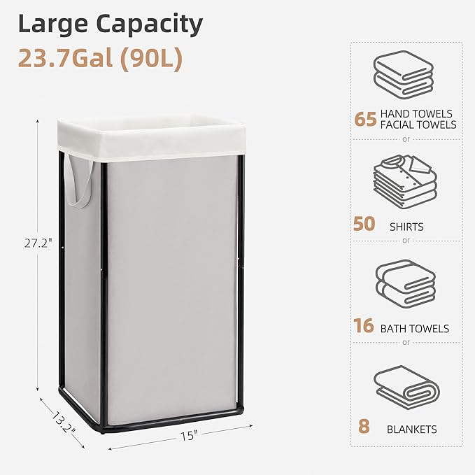 STORAGE MANIAC Large Laundry Hamper, 23.7 Gal. Metal Laundry Basket with Removable Bag for Easy Carry, Strong Dirty Clothes Hamper for Bedroom, Bathroom, Dorm, College, 90L Grey