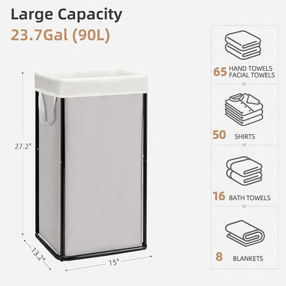 STORAGE MANIAC Large Laundry Hamper, 23.7 Gal. Metal Laundry Basket with Removable Bag for Easy Carry, Strong Dirty Clothes Hamper for Bedroom, Bathroom, Dorm, College, 90L Grey