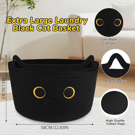 Large Black Cat Basket for Nursery, Cute Cat Woven Laundry Blanket Cotton Rope Extra Storage Basket with Handles, 0rganize Decorative Gifts for Towels Pillow Clothes Hamper Toy Bin,23"D×13"H