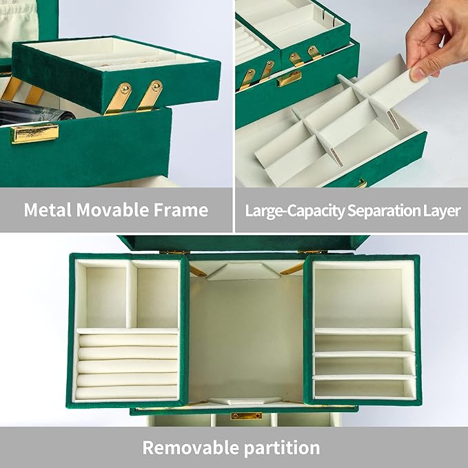 Dajasan Jewelry Organizer Box, Large Velvet Jewelry Boxes for Women Girls, Compact 3 Layers Jewelry Storage Case with Drawer, Movable Metal Stand, Modern, Gift Idea (Green)