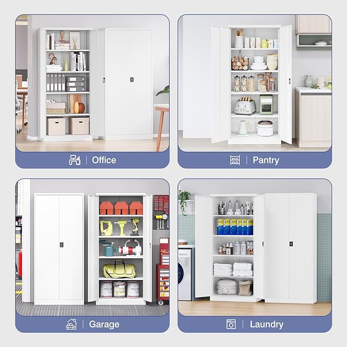 Metal Cabinet,71" Lockable Storage Cabinet with 2 Doors and 5 Adjustable Shelves,Tall Steel Cabinets for Garage,Home Office,Basement,School,Hospital(White)