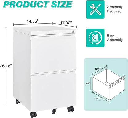 SISESOL 2 Drawer File Cabinet with Lock and Wheels,White Rolling File Cabinets,Locking Mobile Metal Filing Cabinet for Home Office,Under Desk,Fit A4/Letter/Legal File, Easy Assembly