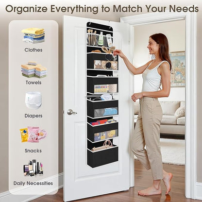 6-Tier Over The Door Organizer Hanging Storage Organizers with Clear Window 40lb Large Capacity Room Organizer for Pantry Bathroom Nursery Closet(Black)