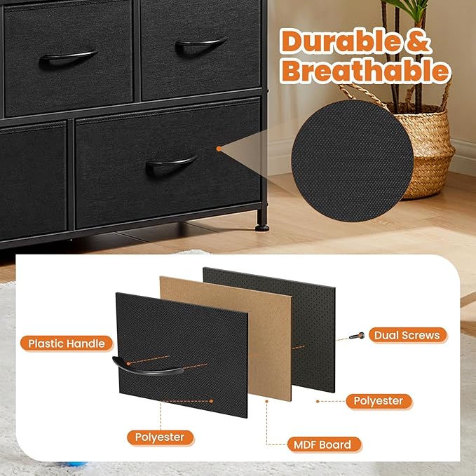 Sweetcrispy Dresser for Bedroom with 5 Storage Drawers, Fabric Storage Tower Organizer, Chest of Drawers with Metal Frame Wooden Top for Closet, Living Room, Entryway, Black