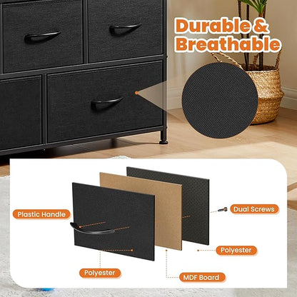 Sweetcrispy Dresser for Bedroom with 5 Storage Drawers, Fabric Storage Tower Organizer, Chest of Drawers with Metal Frame Wooden Top for Closet, Living Room, Entryway, Black