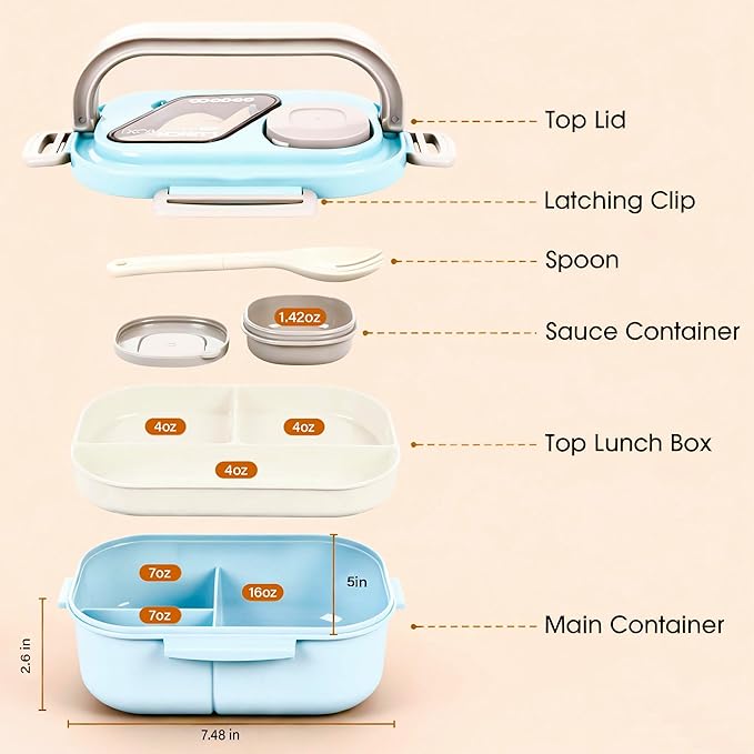 Lunch Containers Bento Box Set for Adults & Kids with Insulated Bag, Leakproof 3-Compartment and 2-Tier Stackable Container with Portable Sauce Pod, Microwave/Dishwasher Safe, BPA-Free (Blue)