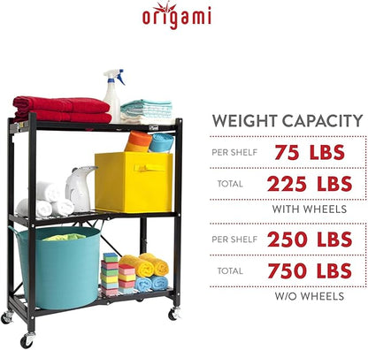 Origami 4-Pack General Purpose Foldable 3-Tier Shelf Storage Rack & Wheels, R3, Black