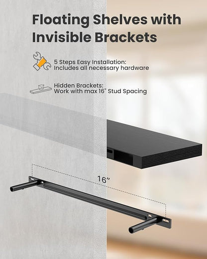 AMADA HOMEFURNISHING Floating Shelves Wall Mounted, 24 x 7 Inch Wall Shelves for Bathroom, Bedroom, Living Room, Black Shelves Set of 2 - AMFS05 | Wall Shelves, for Bathroom, Bedroom, Living Room, Shelves