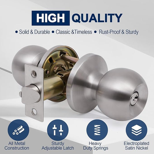 Lanwandeng Door Knobs with Lock and Key, Keyed Entry Door Knob, Exterior and Interior Door Lock, Door Handle Satin Nickel