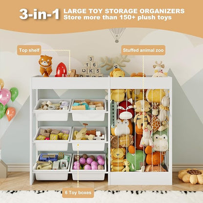 50.6" W Toy Storage, 3-in-1 Large Kids Toy Organizers and Storage with Stuffed Animal Zoo, 6 Removable Plastic Bins, Wooden Toddler Cabinet for Girls Boys Playroom, Nursery, Home Decor(White)