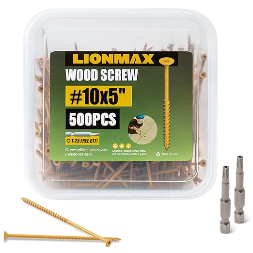 LIONMAX Deck Screws 5 Inch, Wood Screws #10 x 5, 500 PCS, Rust Resistant, Exterior Epoxy Coated, Outdoor Decking Screws, Torx/Star Drive Head Deck Screw, T25 Star Bit Included, Tan