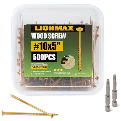 LIONMAX Deck Screws 5 Inch, Wood Screws #10 x 5, 500 PCS, Rust Resistant, Exterior Epoxy Coated, Outdoor Decking Screws, Torx/Star Drive Head Deck Screw, T25 Star Bit Included, Tan