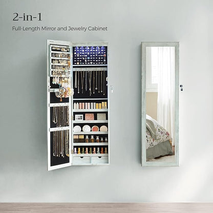 SONGMICS 6 LEDs Mirror Jewelry Cabinet, 47.2-Inch Tall Lockable Wall or Door Mounted Jewelry Armoire Organizer with Mirror, 2 Drawers, 3.9 x 14.6 x 47.2 Inches, Rustic Green UJJC93UJ