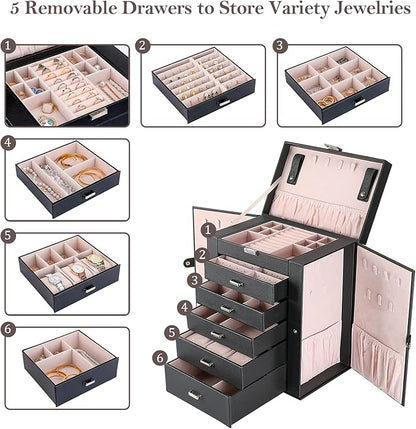 ProCase Large Jewelry Organizer Box for Women, 6 Layers Storage Display Holder Case with Drawers and Dividers for Earrings Necklaces Rings Bracelets, Mother's Day Gift -Black