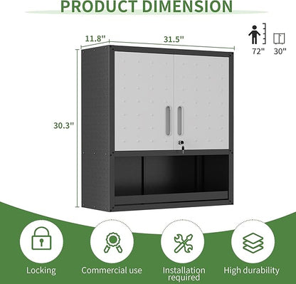Metal Tool Cabinet,Garage Storage Cabinet System,Wall Cabinet & Locking Rolling Tool Cabinet with Doors and Adjustable Shelves,Steel Tool Cabinets for Home (2 Pcs-StyleA, Black & Grey)