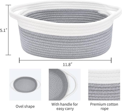 ABenkle Small Basket with Handles, Boho Decorative Rope Woven Dog Cat Toy Storage Bin Shelf Storage Organizer, Easter Christmas Gift Basket, 12"x8"x5", Grey