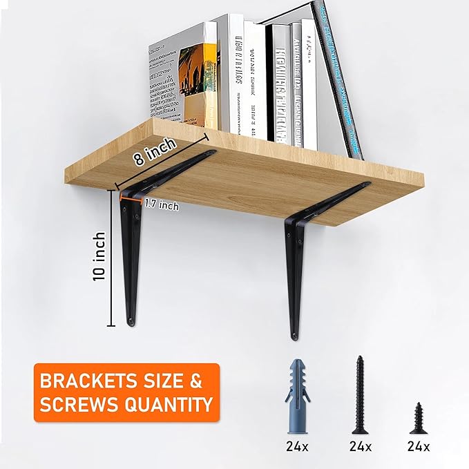 ELSKER&HOME 8 Pack Shelf Brackets 10 Inch, Floating Shelf Bracket for Wood, Black Metal L Bracket for Shelves Support, Wall Mount Corner Brace