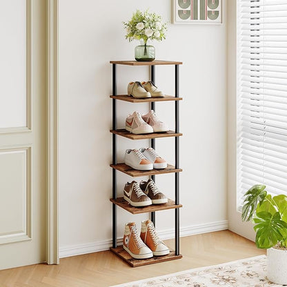 HOOBRO Vertical Shoe Rack, 6-Tier Narrow Shoe Shelf, Shoe Storage Organizer for Small Space, 11" L x 11" W x 39.5" H, Closet, Entryway, Hallway, Bedroom, Rustic Brown and Black BF21XJ01
