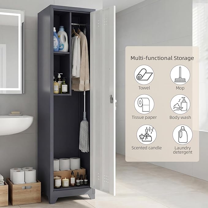 65" H Slim Broom Closet Storage Cabinets, Utility Cabinet for Brooms and Mops, Steel Cleaning Tool Cabinet with Hanging Rod & S-Hooks for Bathroom, Garage