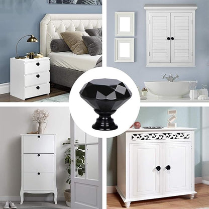 YourGift 6 Pack Drawer Knobs Diamond Shaped Crystal Glass 30mm Cabinet Knobs Pull Handles (30mm, 6 Pack, All Black)