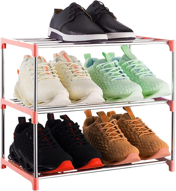 3-Tier Stackable Small Shoe Rack, Lightweight Shoe Shelf Storage Organizer for Entryway, Hallway and Closet(Pink)
