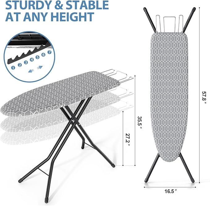 KINGBOARD Foldable Ironing Board Full Size, Iron and Ironing Board Set Standard Size, Iron Boards with Ironrest & Adjustable Height,Heavy Duty Iron Table Stand with Metal Legs &Thick Cover,43x13 Gray
