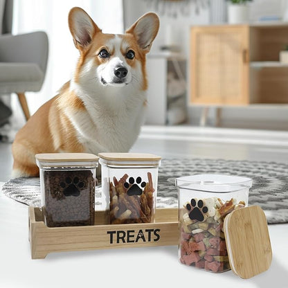 Geyecete dog treat container for Countertop pet treat container with 3 Jars dog treat jars For Puppy Airtight Wooden Dog Treat Storage With wood Lids