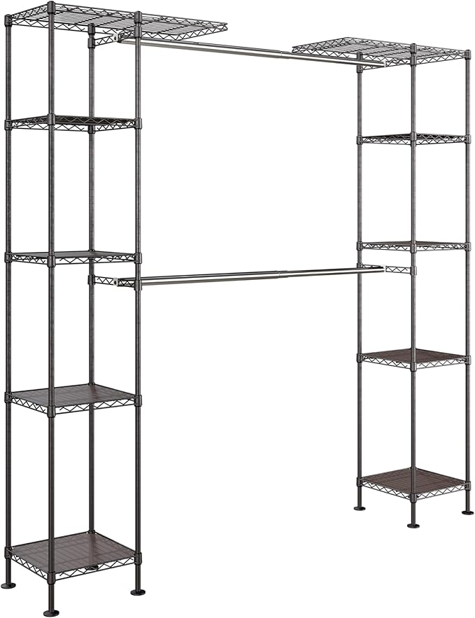 Seville Classics Closet Garment Organizer with Metal Hanging Rod Wardrobe Storage System, w/ Steel Shelves for Clothes, Shirts, Jackets, Coats, Blankets, Shoes, Satin Bronze, Expandable Rack