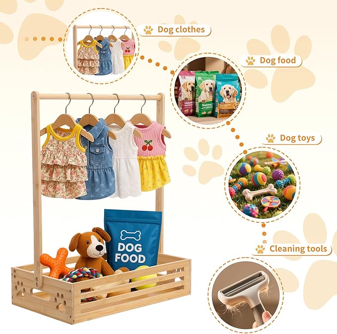 Baby Clothing Rack for Toddler, Pets, Bamboo Clothes Rack with Adjustable Hanging Rod, Storage Shelf & Handle, Nursery Organizer for Baby Shower, Dogs and Cats