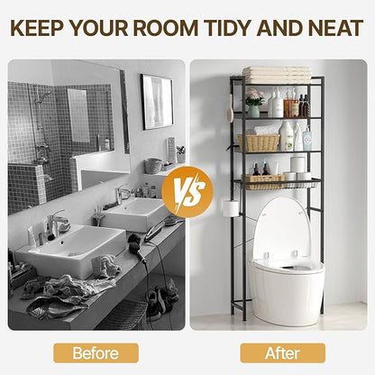 4 Tier Over The Toilet Storage Rack, Bathroom Organizer Shelf Over Toilet with 4 Hook and Roll Holder, Space Save Freestanding Metal Bathroom Shelves