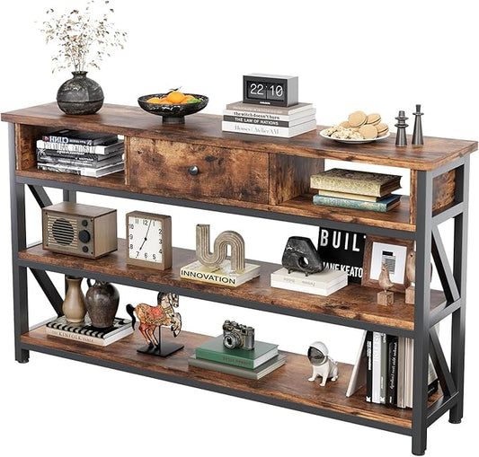 Mexin Console Table with Drawer Shelves, Entryway Table with 3 Tier Storage Shelves, Industrial Wood Hallway Sofa Table for Living Room, Couch, Foyer, Kitchen Counter, 47 Inch Rustic Brown
