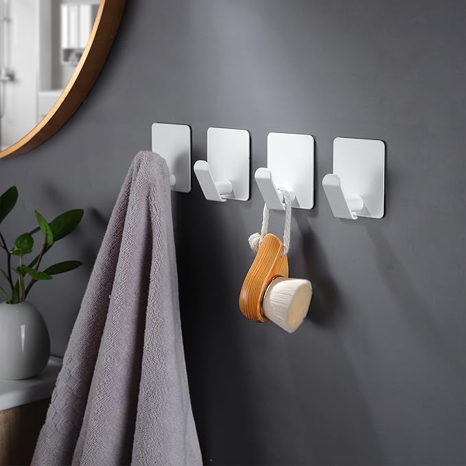 DELITON Adhesive Hooks 4 Pack - Simple White Towel Hooks for Coat, Robe and Bags, Heavy Duty Stick on Wall for Bathroom and Kitchen