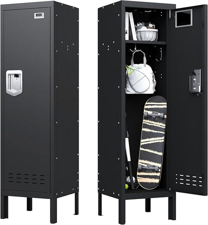 Metal Storage Locker with Lock & Card Slot Locker - Secure Lockable Door - Steel Locker for School, Office, Gym, Home - 54" H x 15" W x 15" D（1 Door, Black）