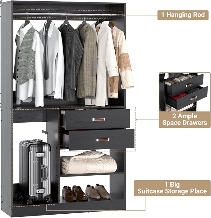 Armocity Freestanding Closet System with Suitcase Storage, 40 Inches Stand-alone Wardrobe with 2 Wood Drawers, 80'' Height Adjustable Cloth Garment Rack, Walk-in Closet with Hanging Rod, Black