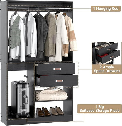 Armocity Freestanding Closet System with Suitcase Storage, 40 Inches Stand-alone Wardrobe with 2 Wood Drawers, 80'' Height Adjustable Cloth Garment Rack, Walk-in Closet with Hanging Rod, Black