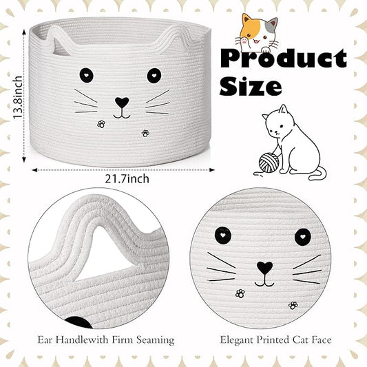 Zopeal Cat Basket Storage Woven Organizer with Ears Easter Decorative Gift Pet Toy Cute Cotton Rope Basket for Gift Cat Dog Toy Bin Nursery Room(21.7 x 13.8 Inch,White)
