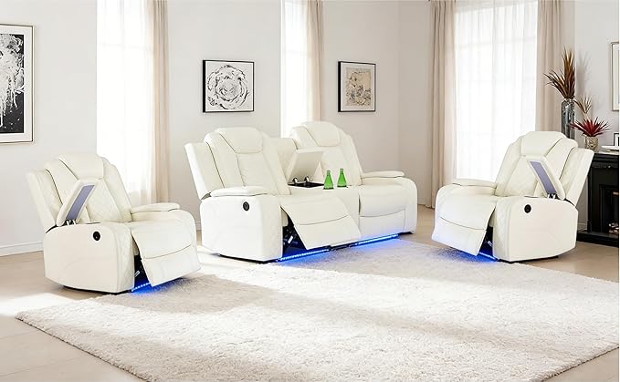 3 Pieces Reclining Living Room Set, Soft Leather Power Recliner Loveseat Chair Set, Living Room Furniture Sets with LED, Cup Holders Hidden Storage for Home/Office/Meeting Room,Creamy White