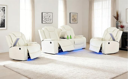 3 Pieces Reclining Living Room Set, Soft Leather Power Recliner Loveseat Chair Set, Living Room Furniture Sets with LED, Cup Holders Hidden Storage for Home/Office/Meeting Room,Creamy White