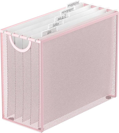 Sinboun Hanging File Organizer Letter-Size File Holder Filing Box Includes 5 Hanging Folders - Metal Mesh Magazine Letter Storage Cabinets File Cart for Office Home School, No Assembly Required Pink