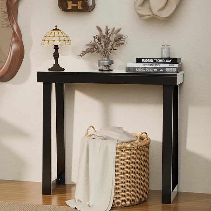 VINGLI 35.4" Black Entryway Table, Solid Wood Console Table, Narrow Sofa Table Behind Couch, Thin, for Living Room, Entrance, Hallway, Foyer, Bedroom, Office