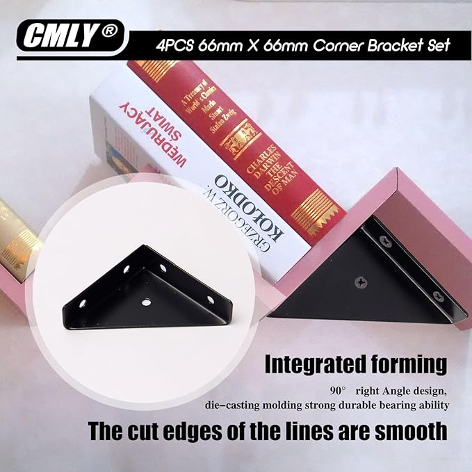 Corner Brace Brackets, 4Pcs 66mm x 66mm Corner Braces for Wood, Metal Corner Brackets, Triangle Shelf Bracket, Black Angle Bracket, Corner Desk Connector for Bed, Table, Cabinet