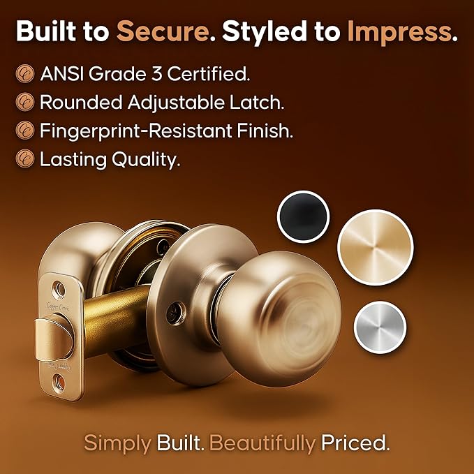 Copper Creek Colonial Passage Interior Door Knob – ANSI Grade-3 Certified, Modern Heavy Duty Handle, Easy Install and Reversible for Bedroom, Bathroom and Closets – Polished Brass (1 Pack)