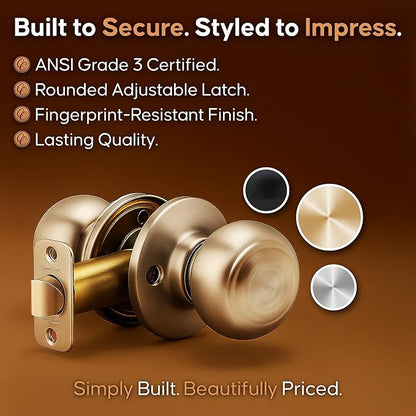 Copper Creek Colonial Passage Interior Door Knob – ANSI Grade-3 Certified, Modern Heavy Duty Handle, Easy Install and Reversible for Bedroom, Bathroom and Closets – Polished Brass (1 Pack)